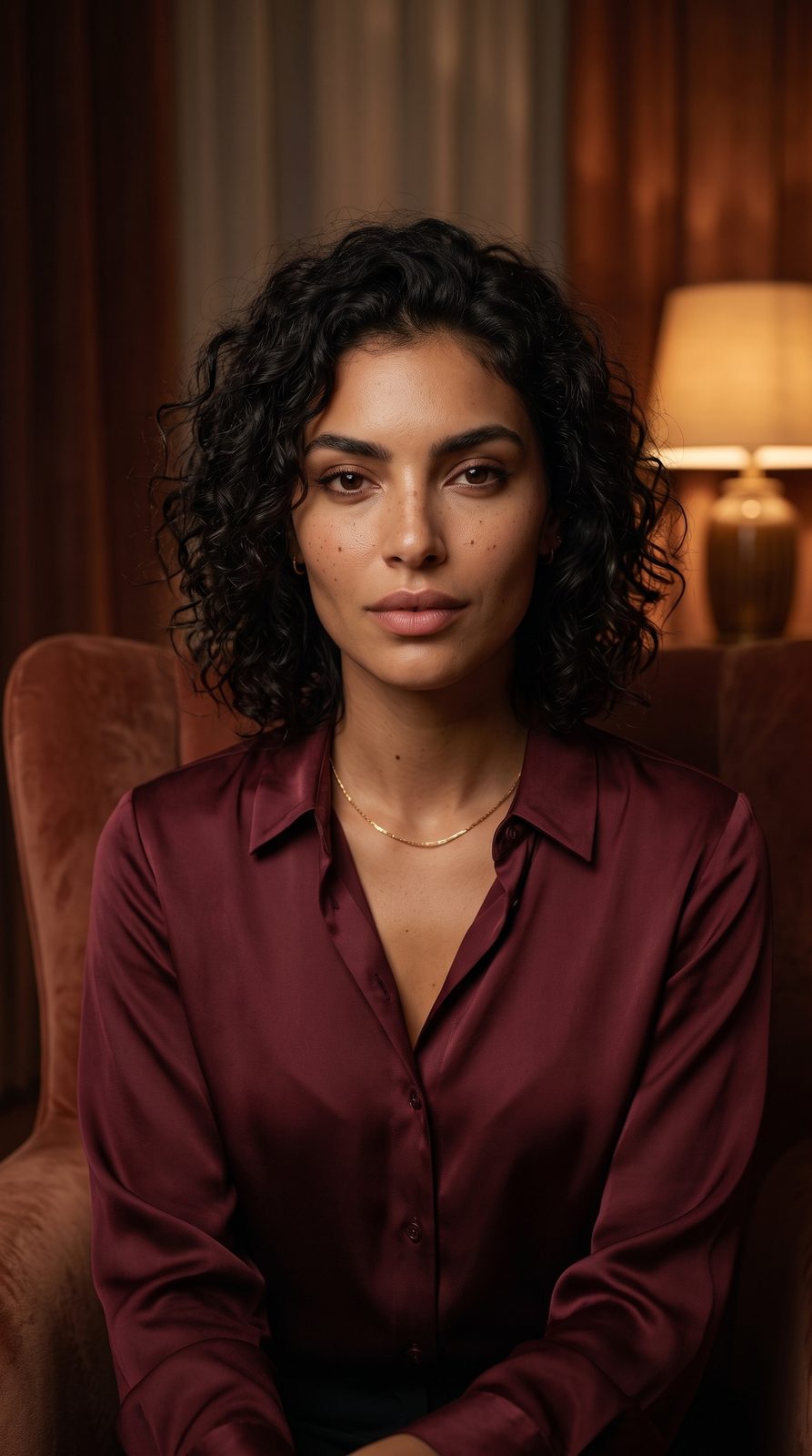 Portrait de Zara dans un salon feutré, chemisier bordeaux et regard direct