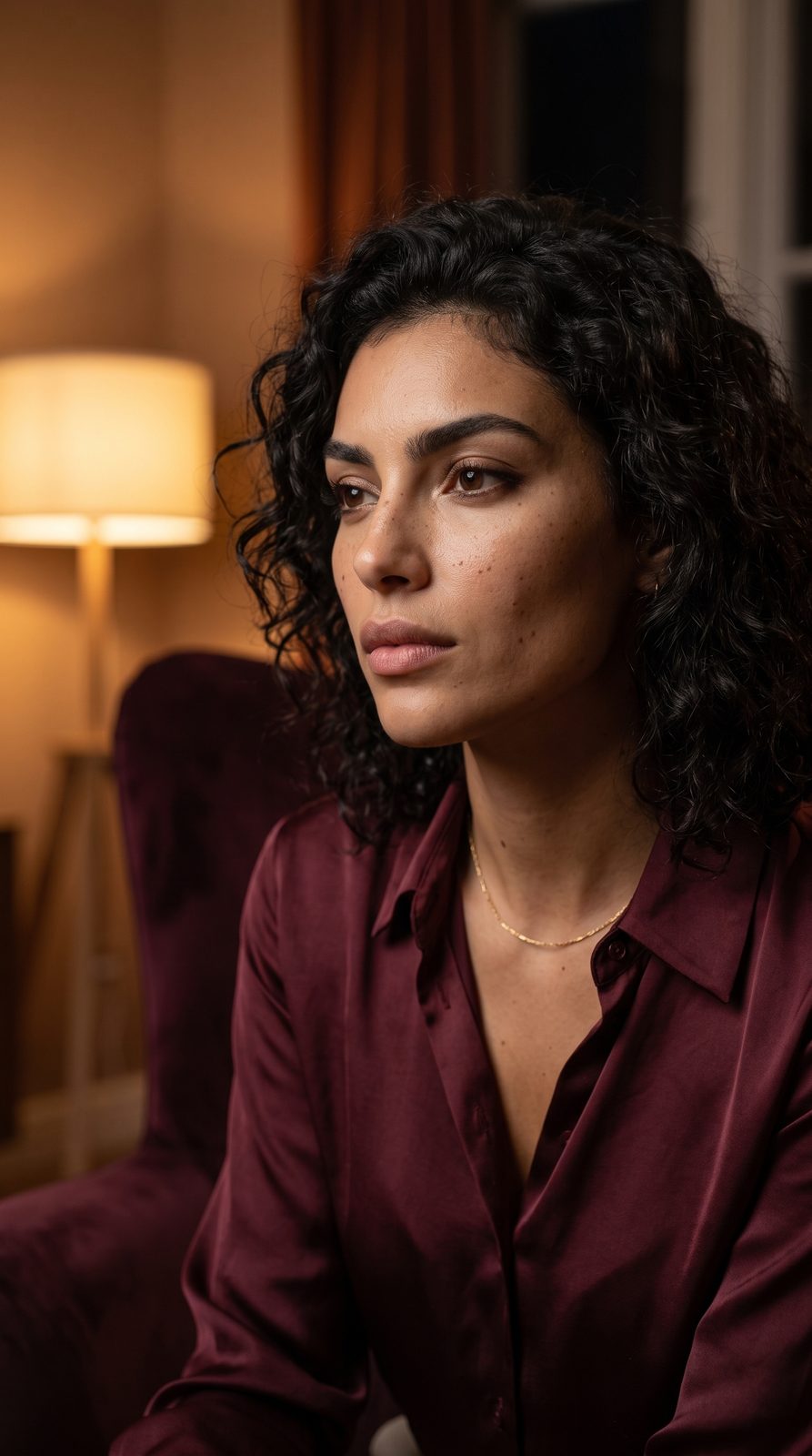 Zara en chemisier bordeaux, pensive dans un salon