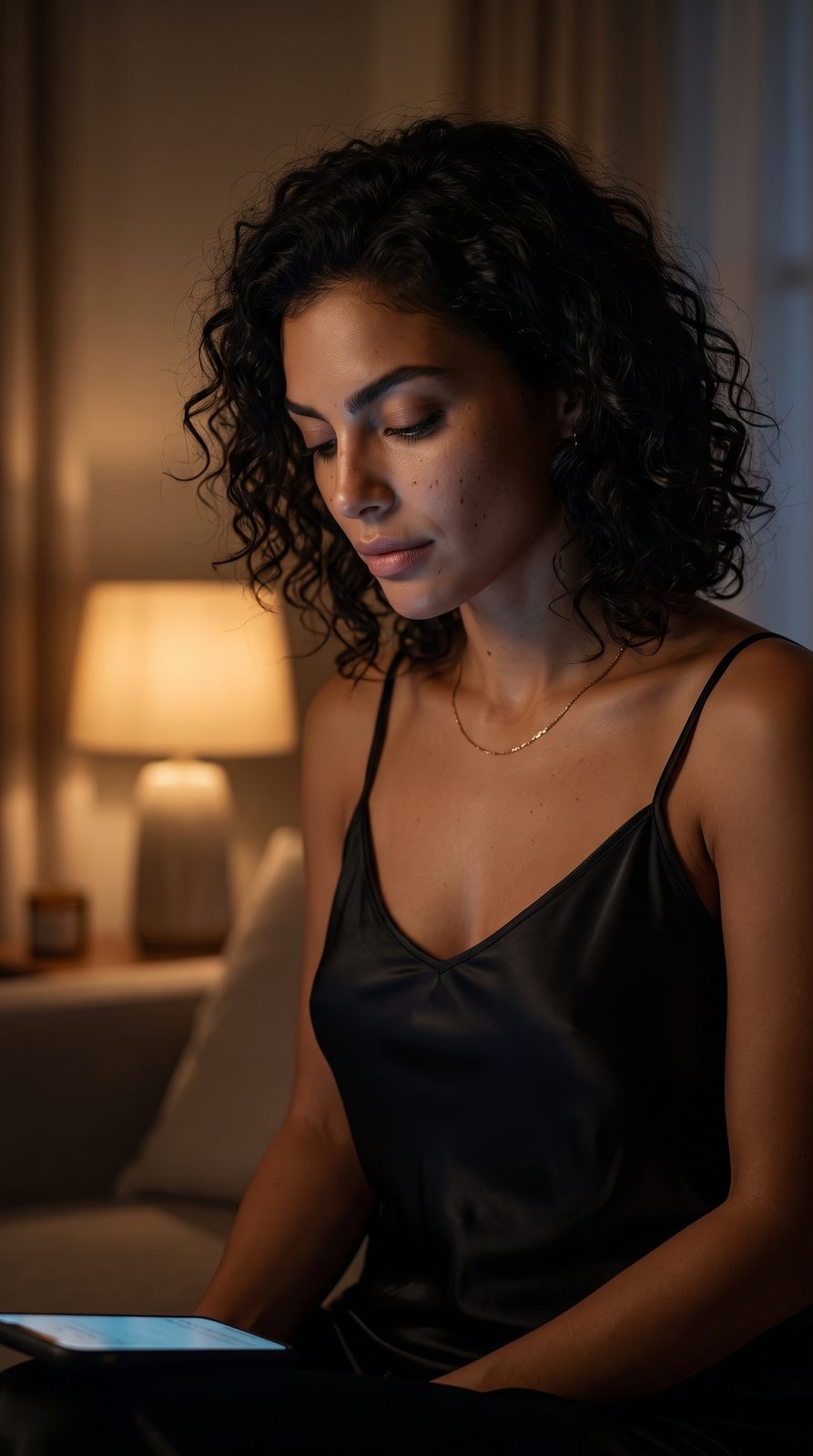 Zara en tenue de nuit noire, éclairée par son téléphone