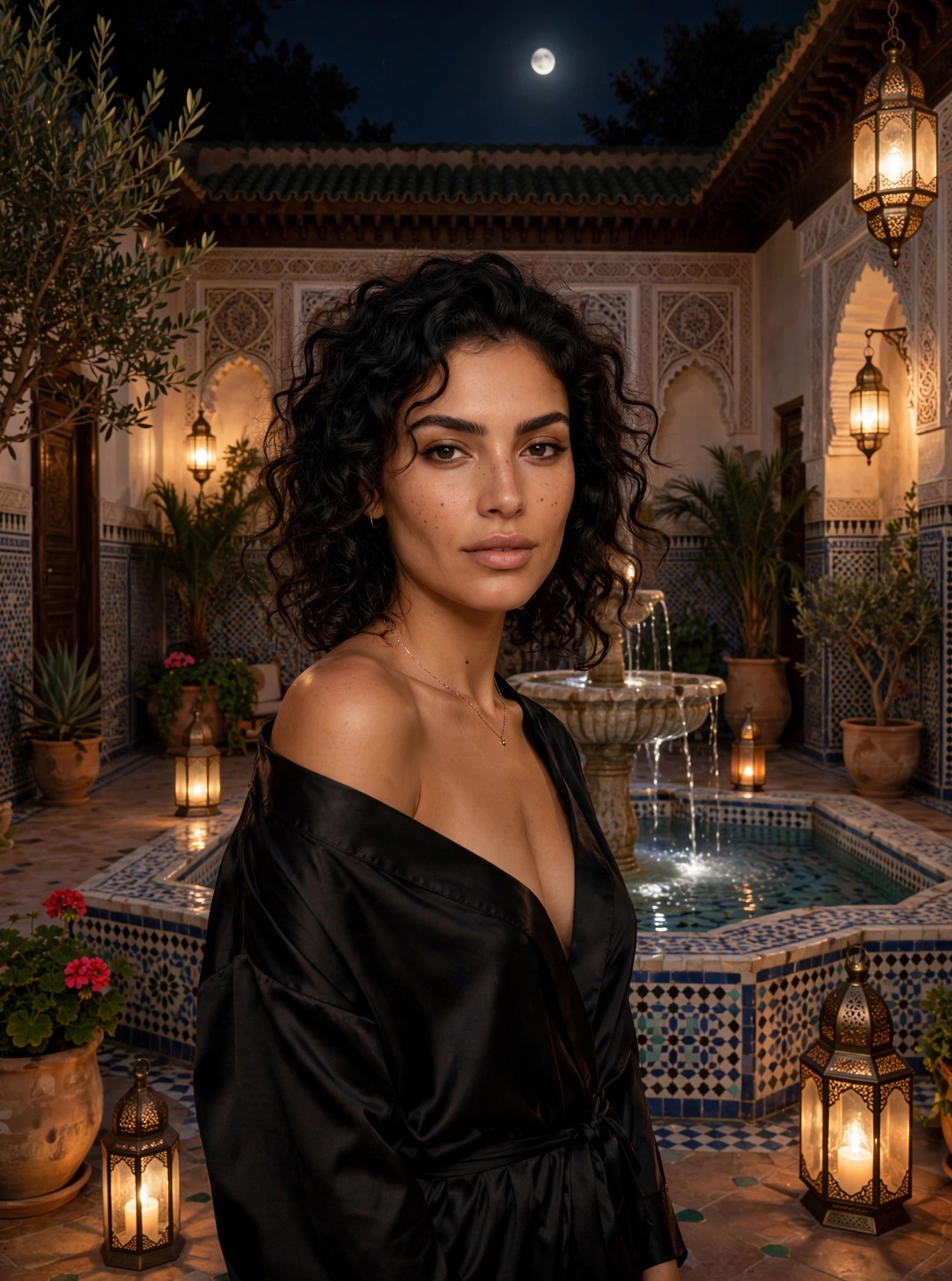 Zara en robe de soie noire dans un riad à Marrakech, la nuit