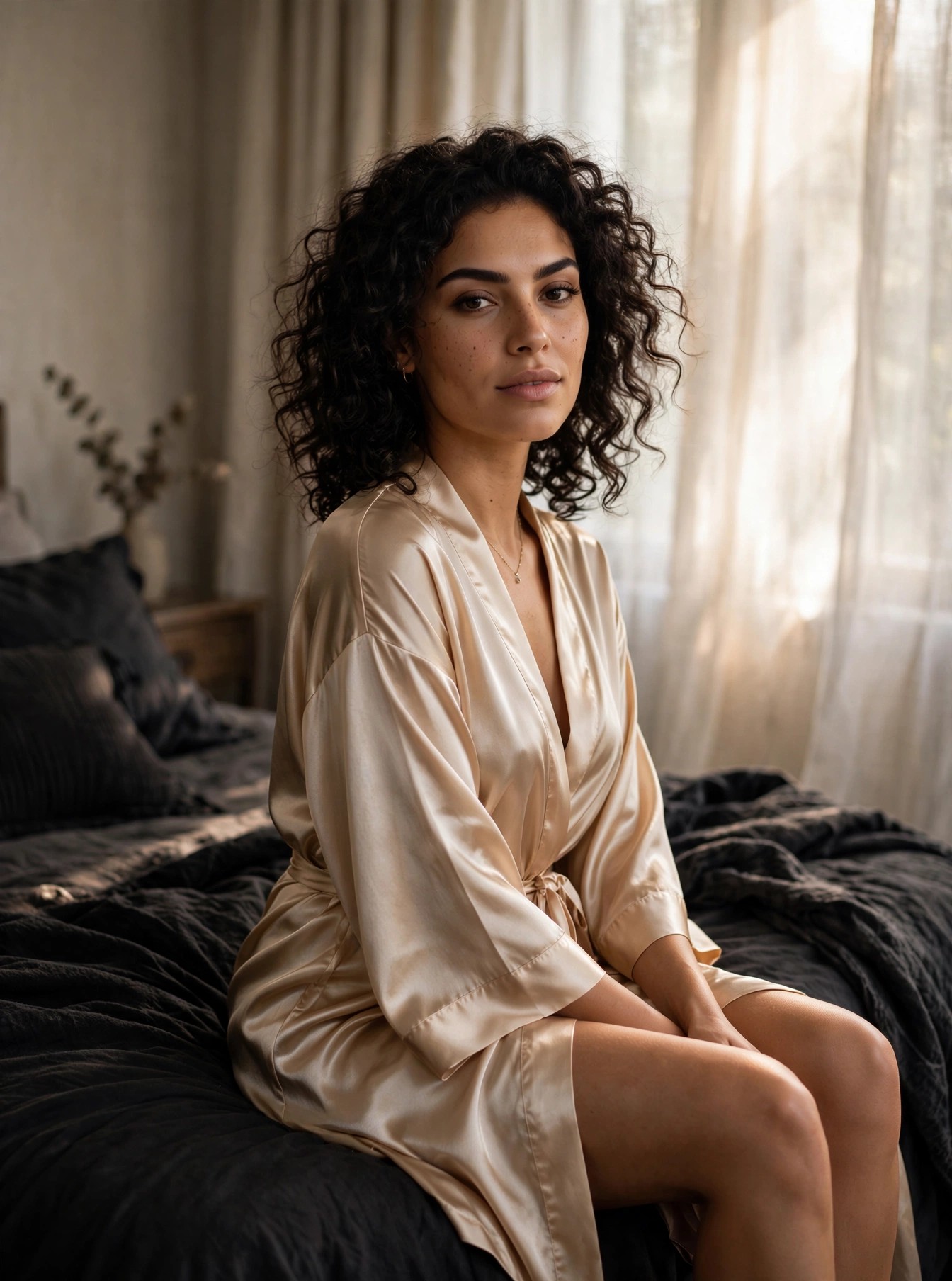Zara en peignoir de soie champagne dans une chambre à Paris